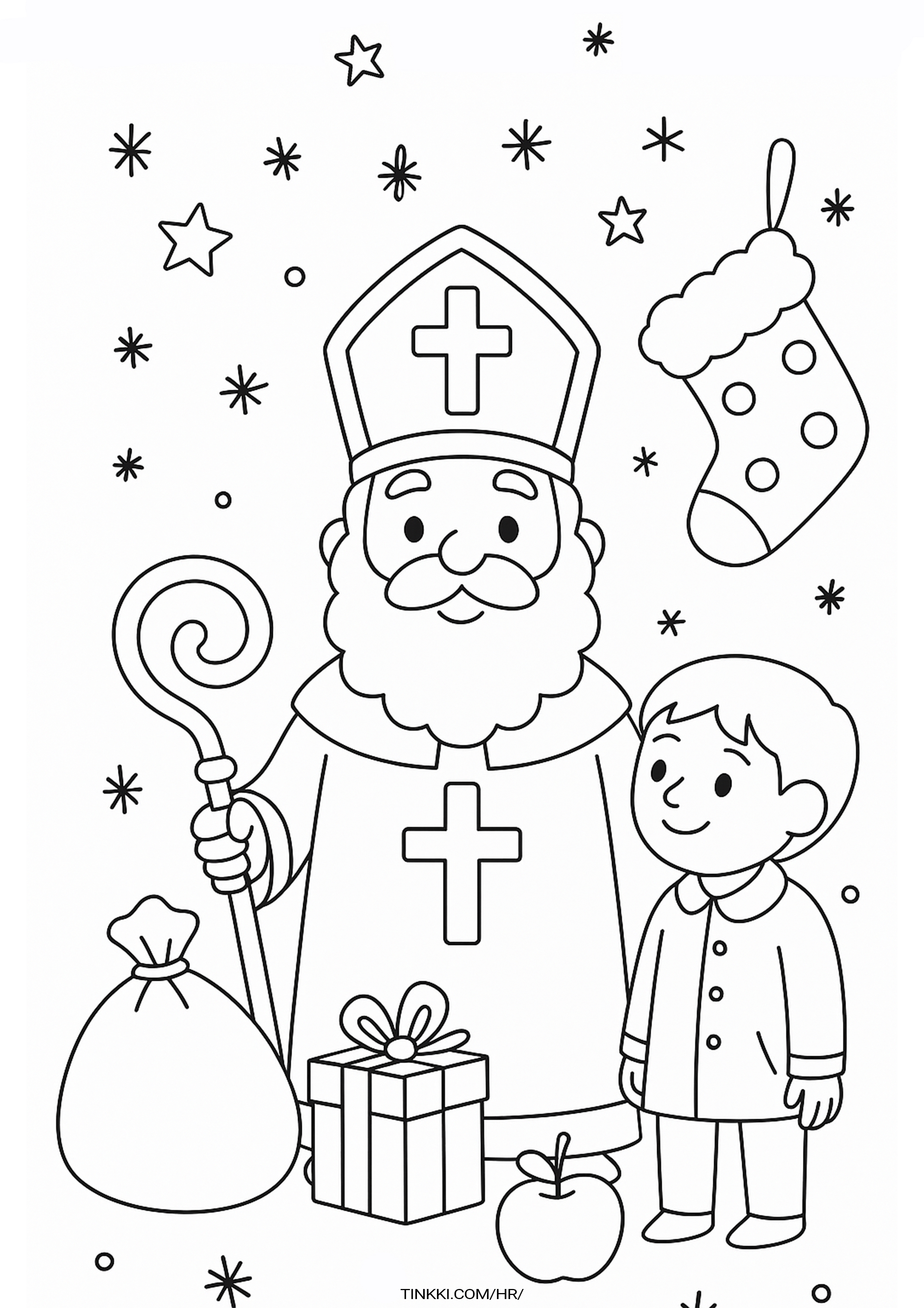 Coloring book page of St. Nicholas standing with a young boy, surrounded by gifts, stars, and a Christmas stocking.