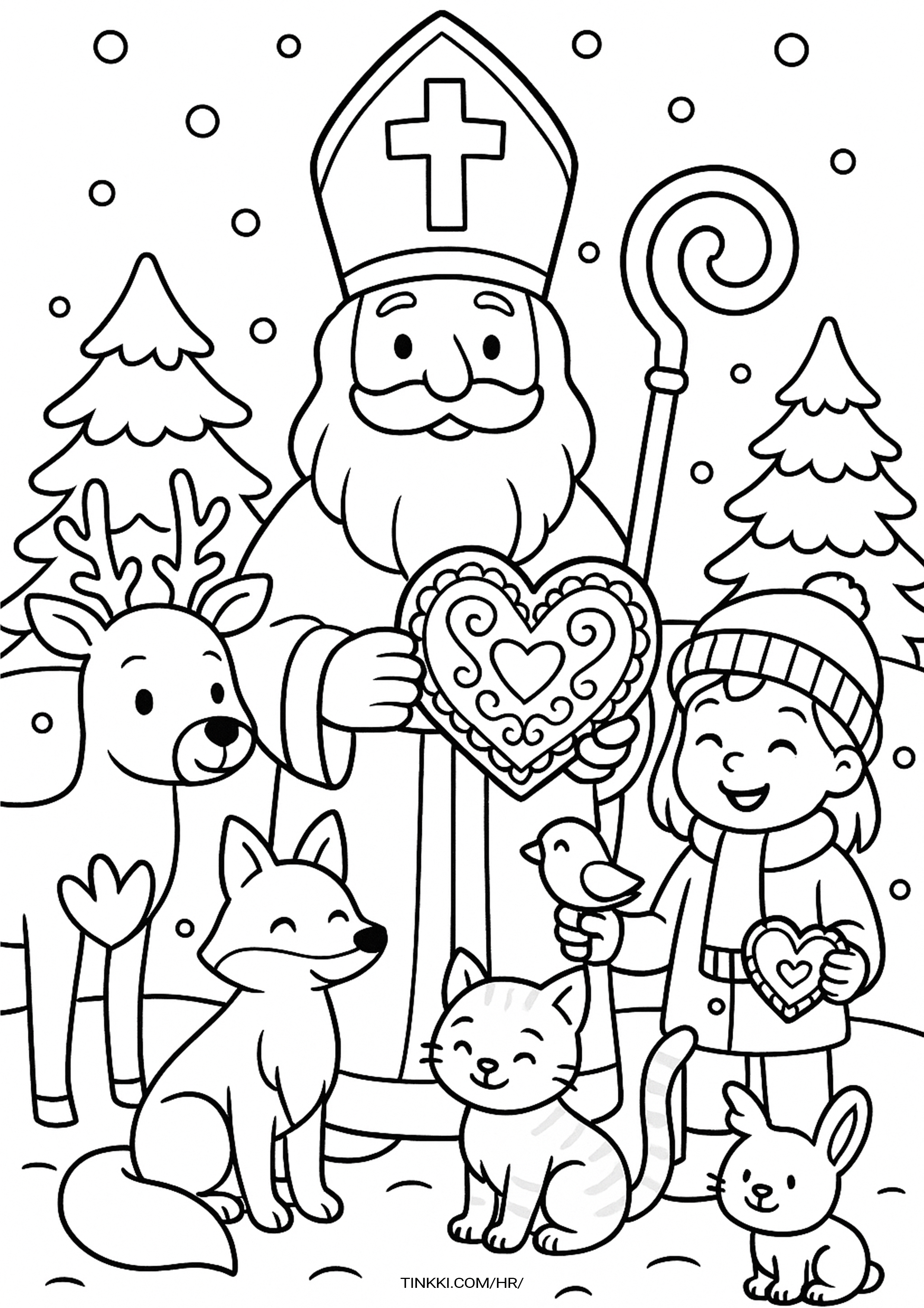 Coloring book page of St. Nicholas holding a Licitar heart surrounded by children and animals in a snowy forest.