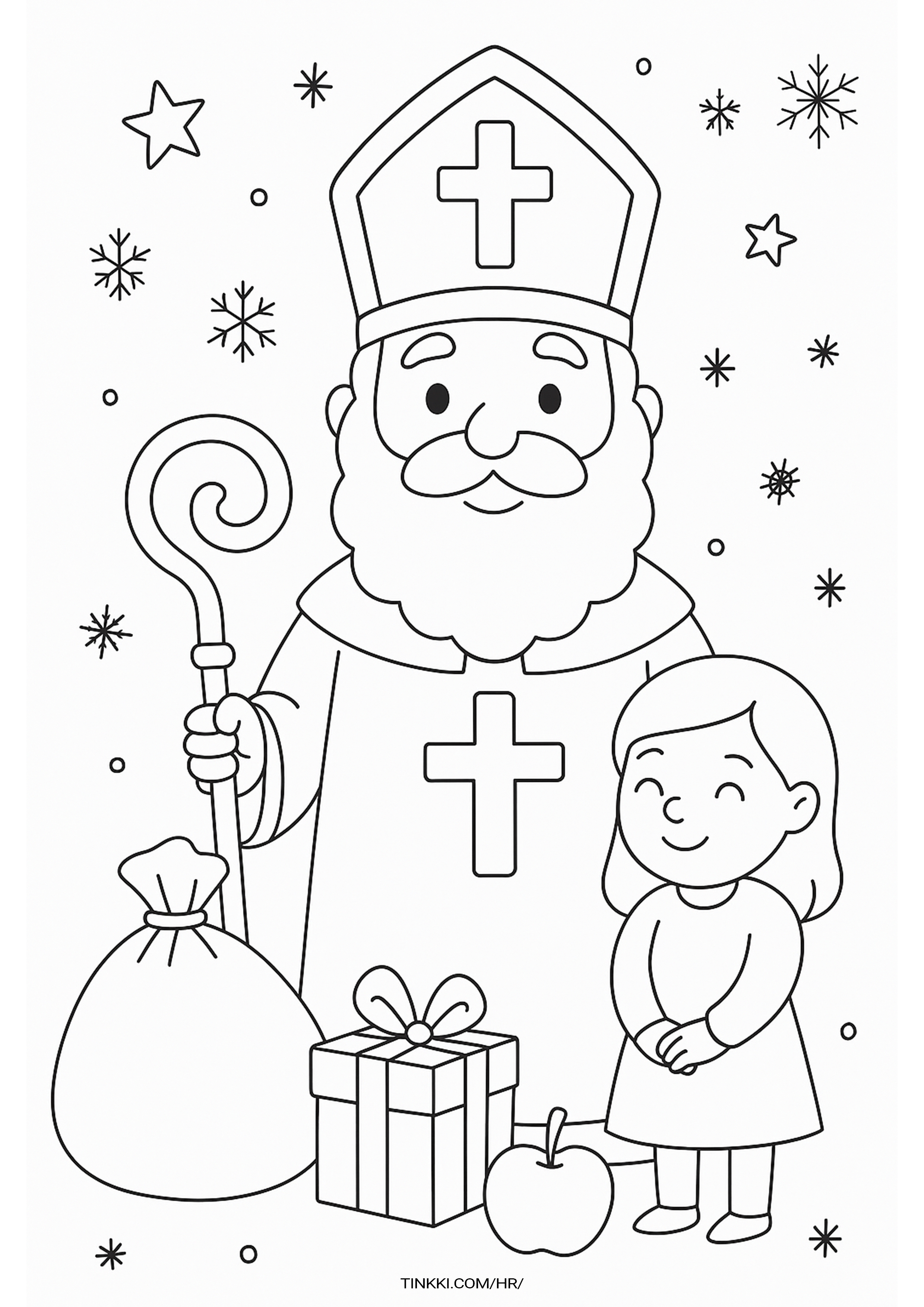 Coloring book page of St. Nicholas holding a staff beside a smiling girl with gifts and snowflakes.