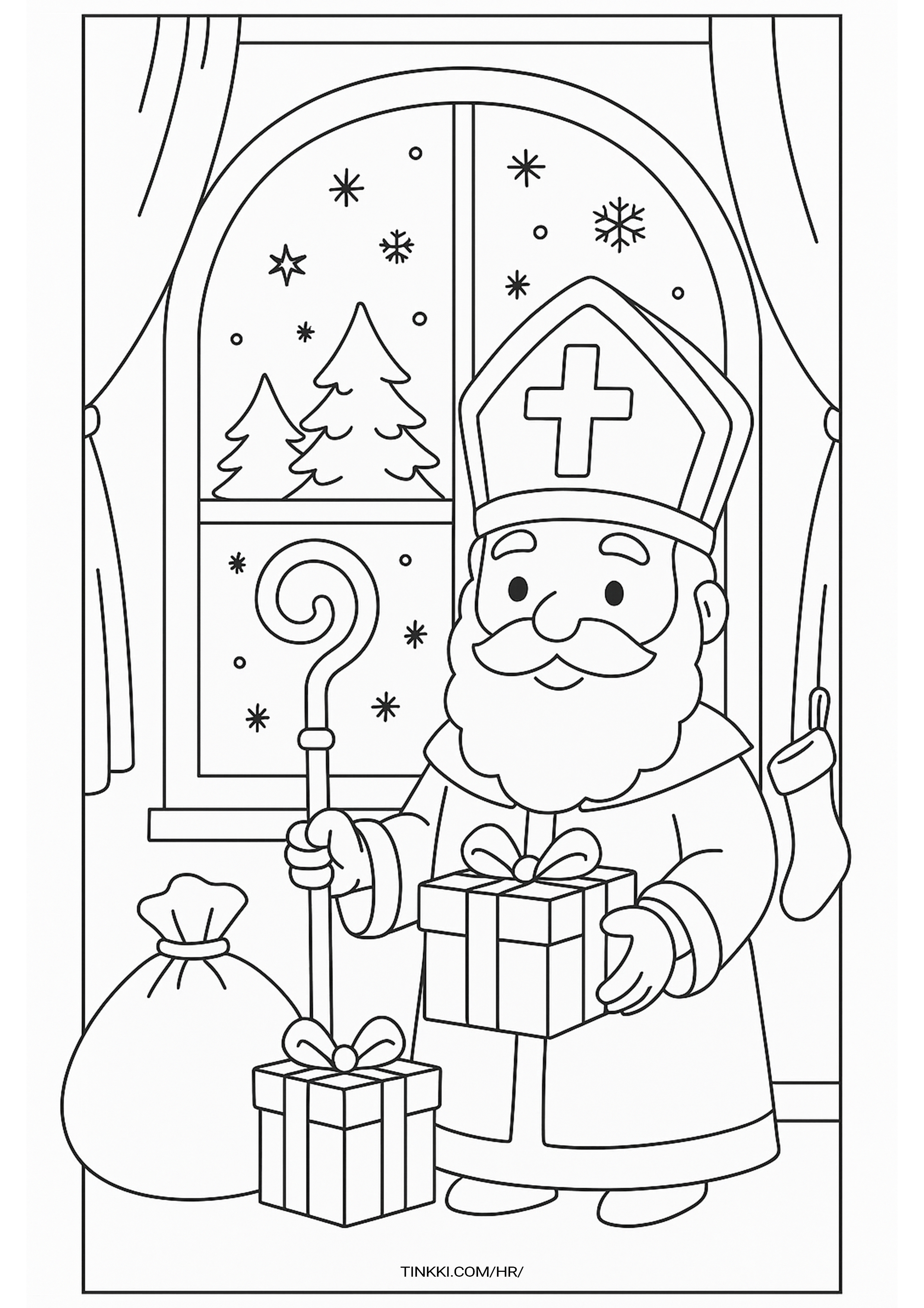 Coloring book page of St. Nicholas indoors by a snowy window holding gifts with a stocking nearby.