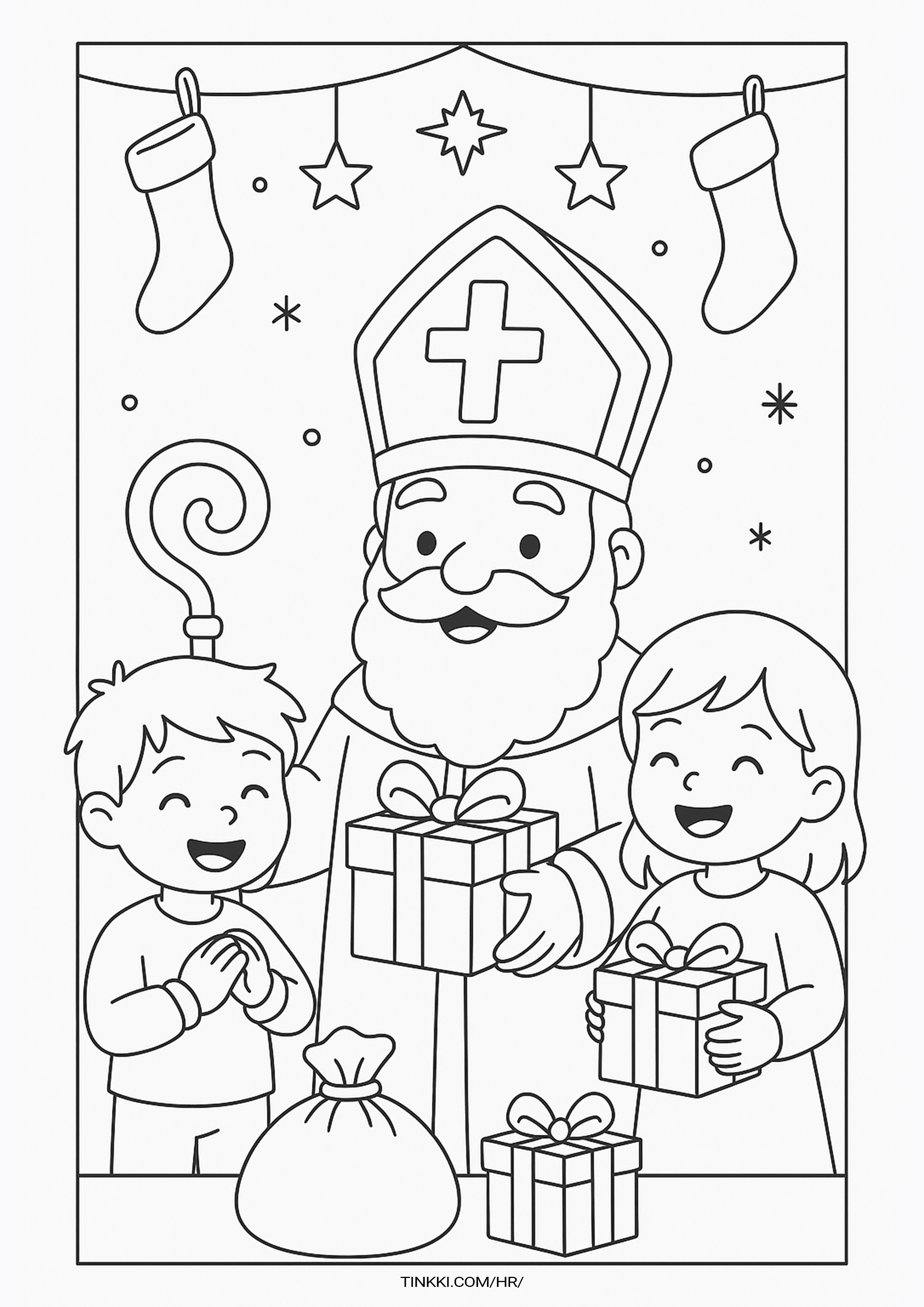 Coloring book page of St. Nicholas giving gifts to two happy children under hanging stars and stockings.
