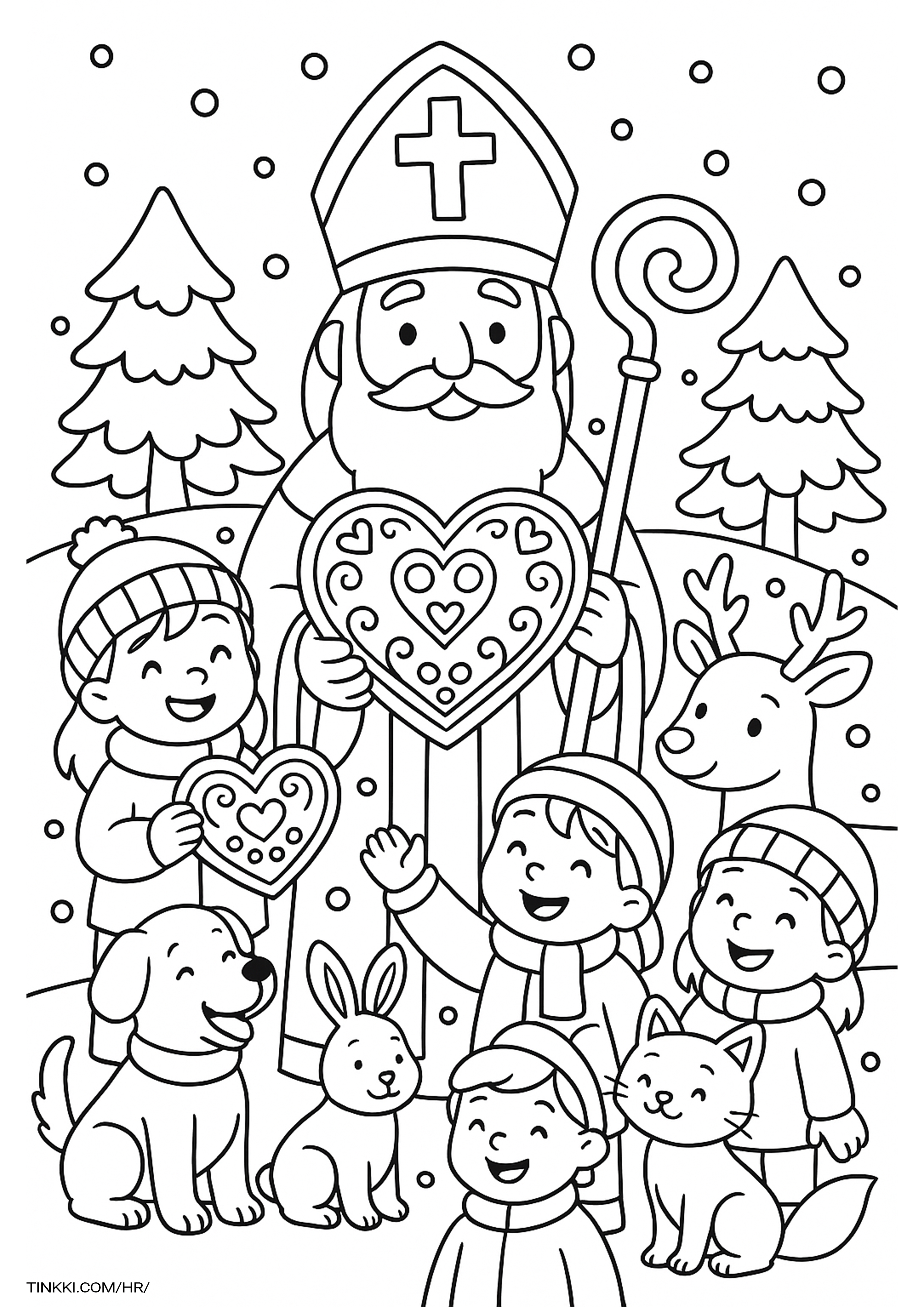 Coloring book page of St. Nicholas holding a Licitar heart surrounded by joyful children and animals in the snow.