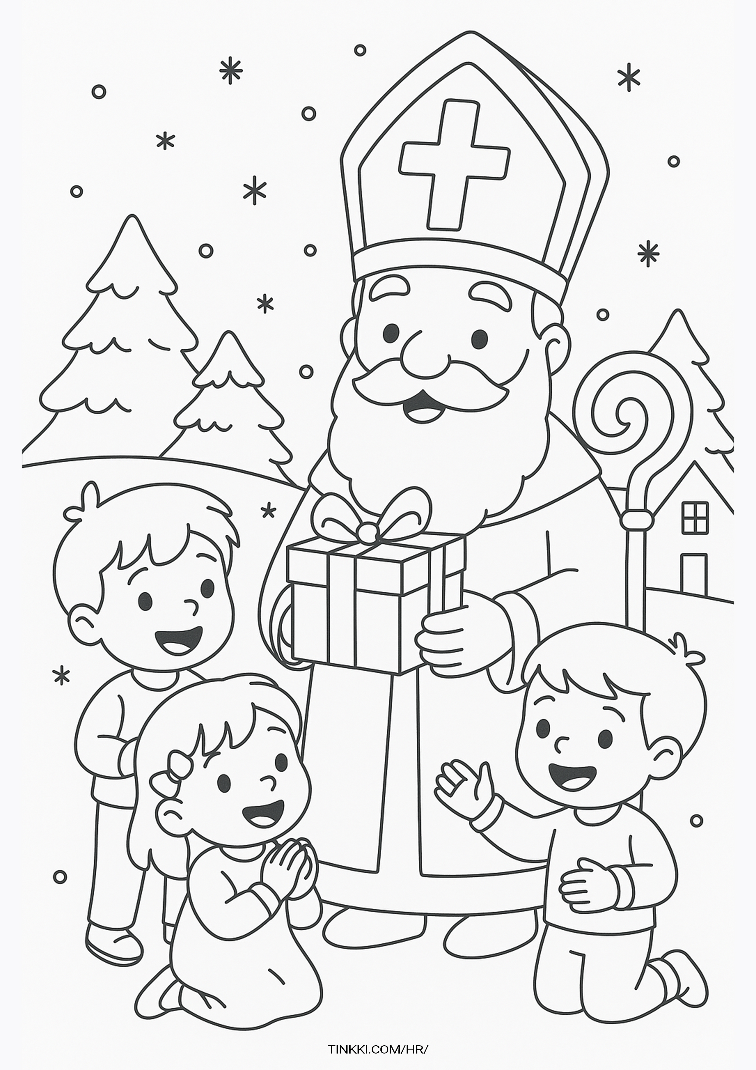 Coloring book page of St. Nicholas giving a present to smiling children in a snowy outdoor scene.