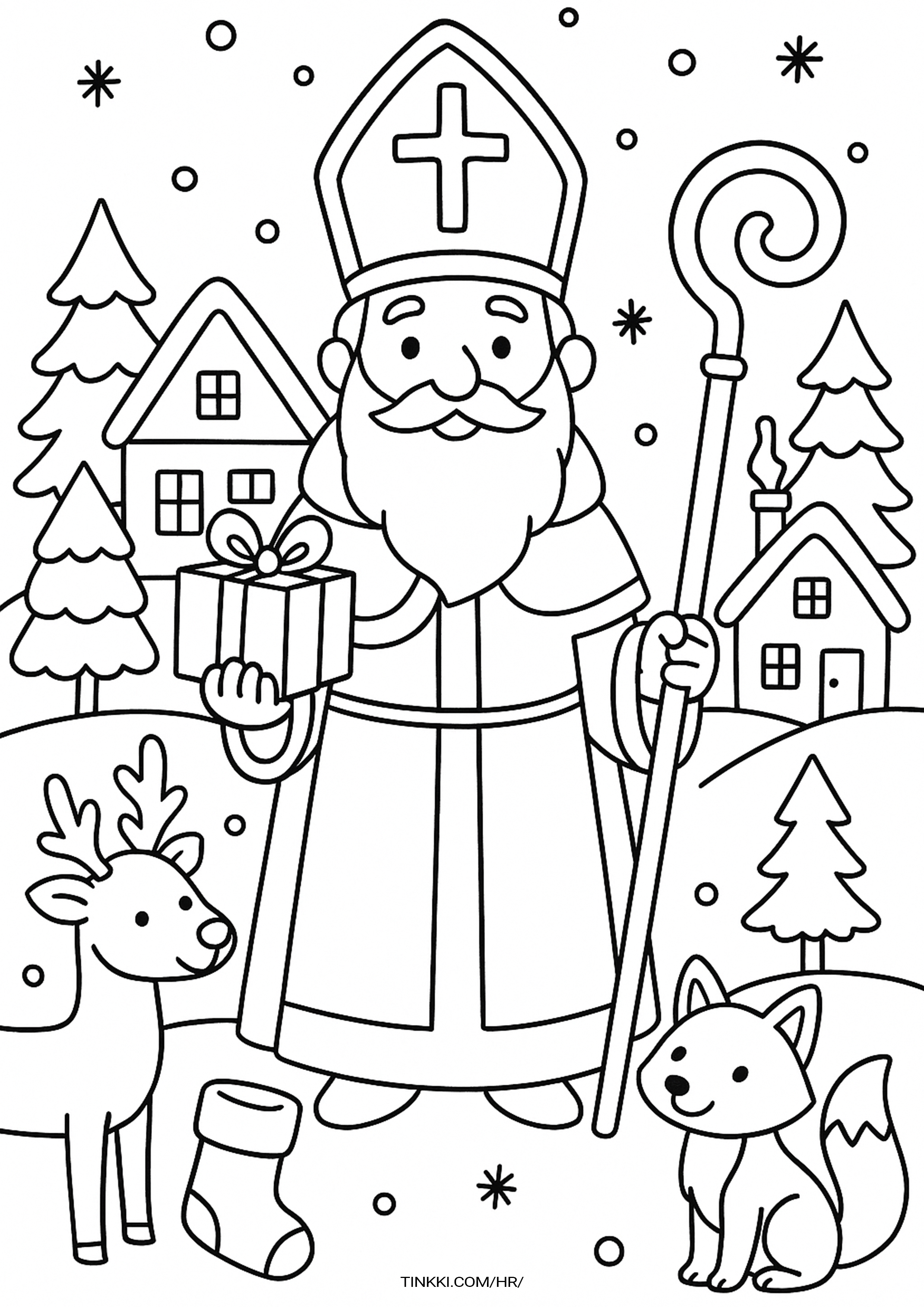 Coloring book page of St. Nicholas with a reindeer and a fox in a snowy village.